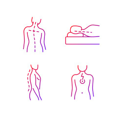 Postural dysfunction gradient linear vector icons set. Head tilt. Incorrect sleeping position. Normal spinal anatomy. Thin line contour symbols bundle. Isolated vector outline illustrations collection