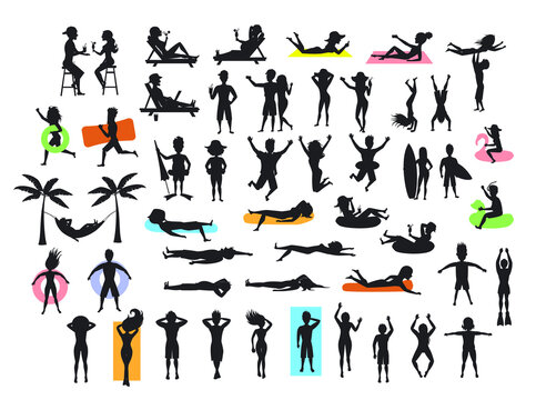 Silhouettes collection of people enjoying summertime beach holidays vacations. man, woman, couple sunbath, swim, floating, lying on inflatable rings and mattress, hammock, drinking cocktails