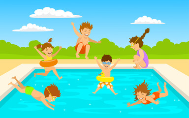 Obraz na płótnie Canvas children kids, cute boys and girls swimming diving jumping into pool scene background