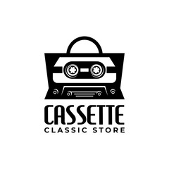 combination of a shopping bag and cassette. vintage cassette logo for retro music store.