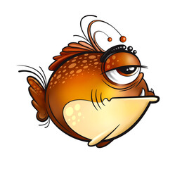 Lazy monster fish, cartoon, mascot, isolated on a white background