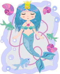 Fototapeta premium Cartoon beautiful little mermaid in a wreath. Siren. Sea theme.