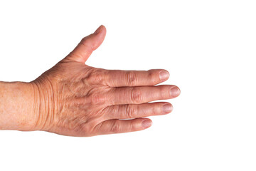 Hand of elderly Caucasian woman with Heberden's arthritis at the index finger on white background. Sign of osteoarthritis. Hand held out for handshake despite pain. - obrazy, fototapety, plakaty