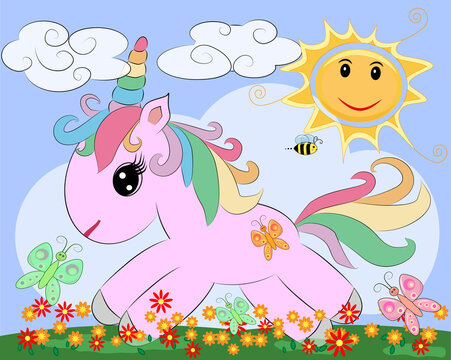 A little pink cute cartoon Unicorn on a clearing with a rainbow, flowers, sun.
