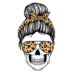 Female skull with aviator glasses bandana and leopard print. Mom skull with messy bun. ector illustration.  Isolated on white background. Good for posters, t shirts, postcards.