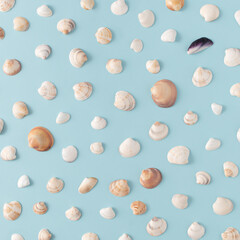 Pattern made with seashells on bright blue background. Minimal summer concept. Creative vacation idea. Flat lay.