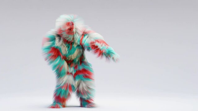 Hairy 3d cartoon, fun hip hop and samba dance, furious beast having fun, mascot looping animation, harmonious minimal modern movement design, fluffy monster, 3d render