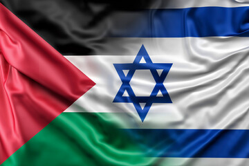 Israel vs Palestine flags. Waving flag design overlap, the flag of Israel and Palestine breaking relationship concept - obrazy, fototapety, plakaty