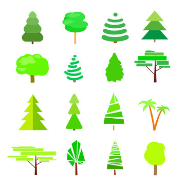 Green trees and christmas trees. Set for icons on isolated background. Geometric art. Universal templates collection for trendy design