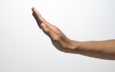 close-up male hand try to stop something or rejection gesture