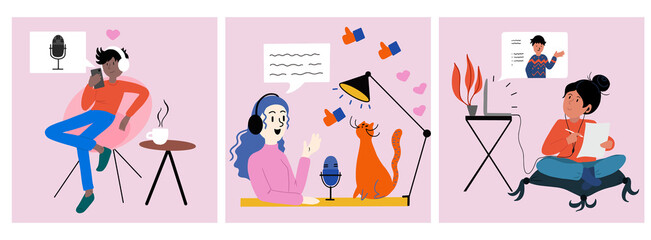 Vector set of three cards with flat illustrations about podcast. Man is listening to podcast, woman is recording podcast and girl learning on her laptop