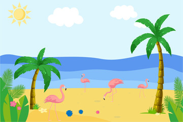 Summer beach and flamingo background. Palm trees, sun, tropics. Vector graphics