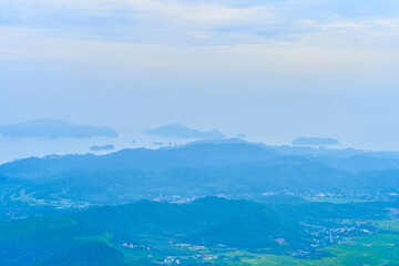 Natural landscape. Tropical island in Malaysia. Mountain jungle nature view from high viewpoint