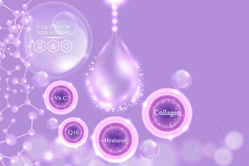 Hyaluronic acid skin solutions ad, purple collagen serum drop with cosmetic advertising background ready to use, illustration vector.