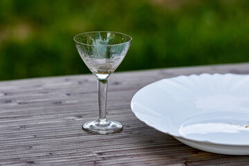 An empty glass on a wooden table next to an empty plate