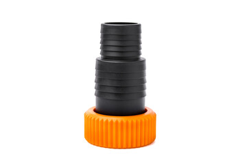 A black plastic hose adapter with threaded and two diameters inlet, with a clad orange washer,...
