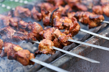 Large pieces of meat on a skewer are cooked on the grill