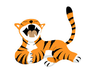 Fototapeta na wymiar The tiger cub yawns. Cartoon vector illustration, design for banner, sticker and greeting card. Isolated on white background.