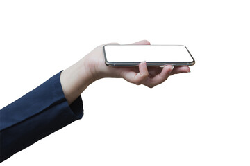 The left hand of a white woman showing a black smart phone or cellphone and a white screen for mockup content at an isolated or cutout white background with clipping path.