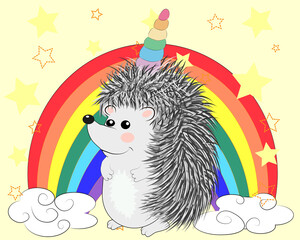 A cute cartoon hedgehog with a unicorn horn on a rainbow. Concept everyone can be a unicorn. © MichiruKayo