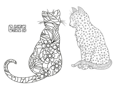 Cats. Zentangle. Hand drawn cat with abstract patterns on isolation background. Design for spiritual relaxation for adults. Print for polygraphy, posters and textiles