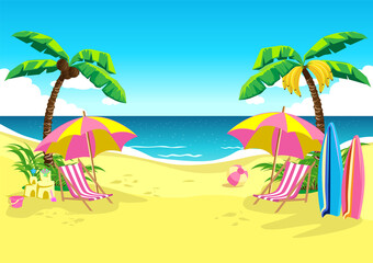Tropical beach with palm trees, umbrellas and sun loungers in cartoon style. Summer landscape vector horizontal illustration