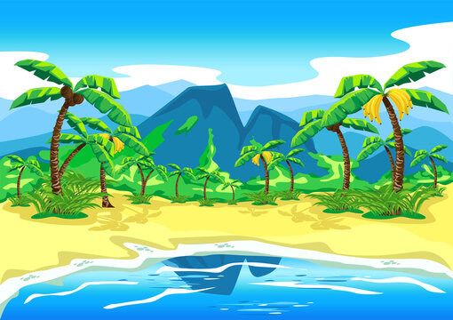 Tropical beach with palm trees against the backdrop of a beautiful landscape in a cartoon style. Summer landscape vector horizontal illustration
