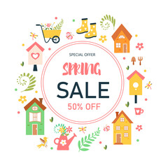 Sale poster with spring elements - house, watering can, flowers, birds and more. Cute illustration.