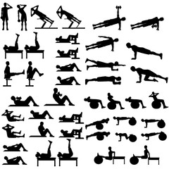Workout man set. Male doing fitness exercises illustration silhouette - obrazy, fototapety, plakaty