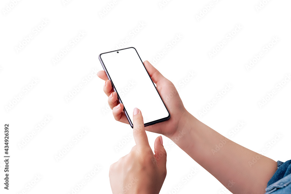 Aufkleber smart phone in girl hands. left hand touch display concept. isolated in white screen and background 