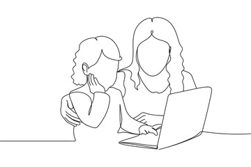 Continuous one line of childhood education and technology concept in silhouette. Linear stylized. Minimalist.