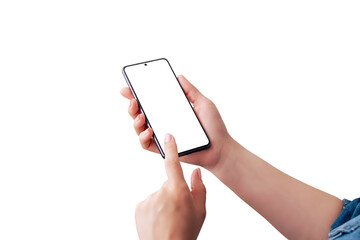 Smart phone in girl hands. Left hand touch display concept. Isolated in white screen and background for mockup