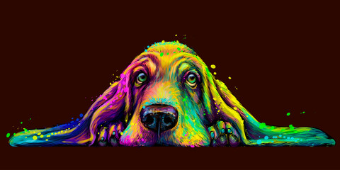 Dog. Wall sticker. Abstract, colorful, neon portrait of a Basset Hound dog on a dark brown background in the style of pop art. Digital vector graphics. Background on a separate layer.
