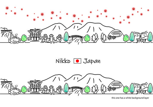 日光の街並みと新型コロナウイルスのシンプル線画セット（白レイヤー付）