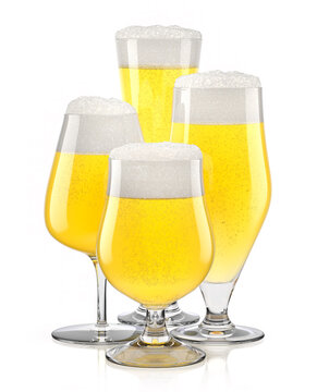 Set of fresh light beer glasses with bubble froth isolated on white background.