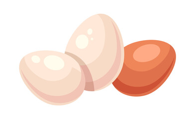 Three eggs with eggshell of differren colors on white background