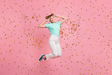 Full length photo of carefree person jump two hands fingers show v-sign near eyes wear teal...