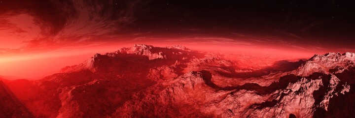 Mars at sunset, panorama of Mars, alien landscape, a panorama of a surface of another planet, 3D rendering © ustas