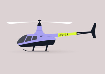A side view of a helicopter vehicle with bright neon elements, flat vector illustration