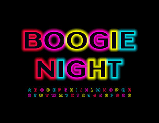 Vector event flyer Boogie Night with colorful Neon Font. Illuminated set of Alphabet Letters and Numbers