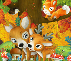 cartoon scene with different forest animals friends having fun in the forest illustration