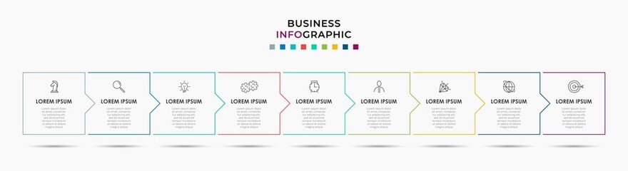 Infographics thin line design business template with 9 options or steps, Can be used for process diagram, presentations, workflow layout, banner, flow chart, info graph