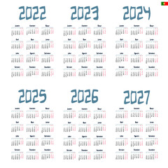 Portuguese calendar 2022, 2023, 2024, 2025, 2026, 2027 on white background, week starts on Monday