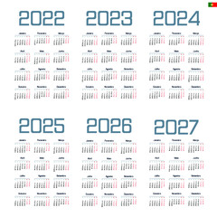 Portuguese calendar 2022, 2023, 2024, 2025, 2026, 2027 on white background, week starts on Monday