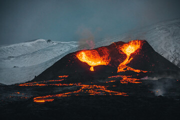 Iceland Volcanic eruption 2021. The volcano Fagradalsfjall is located in the valley Geldingadalir...