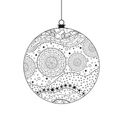 Christmas tree toy. Happy New Year. Zentangle. Hand drawn xmas ball with abstract patterns on isolation background. Design for spiritual relaxation for adults. Line art. Black and white illustration