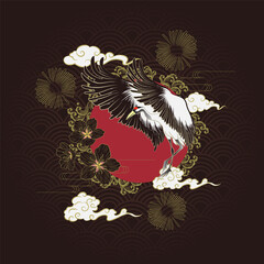 Seamless Art Japanese Repeat Pattern of Floating Crane Flapping Wings Fly Through Moving Around Red Sun with Firework Icon on Brown Water Wave Repeat Pattern Background Vector Design Wrapping Paper