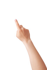 Obraz premium Isolated female hand with outstretched index finger. The concept of touching a phone or tablet display