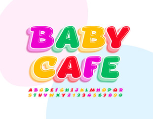Vector Colorful Logo Baby Cafe. Cute Kids Font. Bright Playful Alphabet Letters and Numbers.