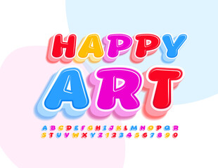 Vector bright template Happy Art. Playful 3D Font. Colorful cute Alphabet Letters and Numbers set